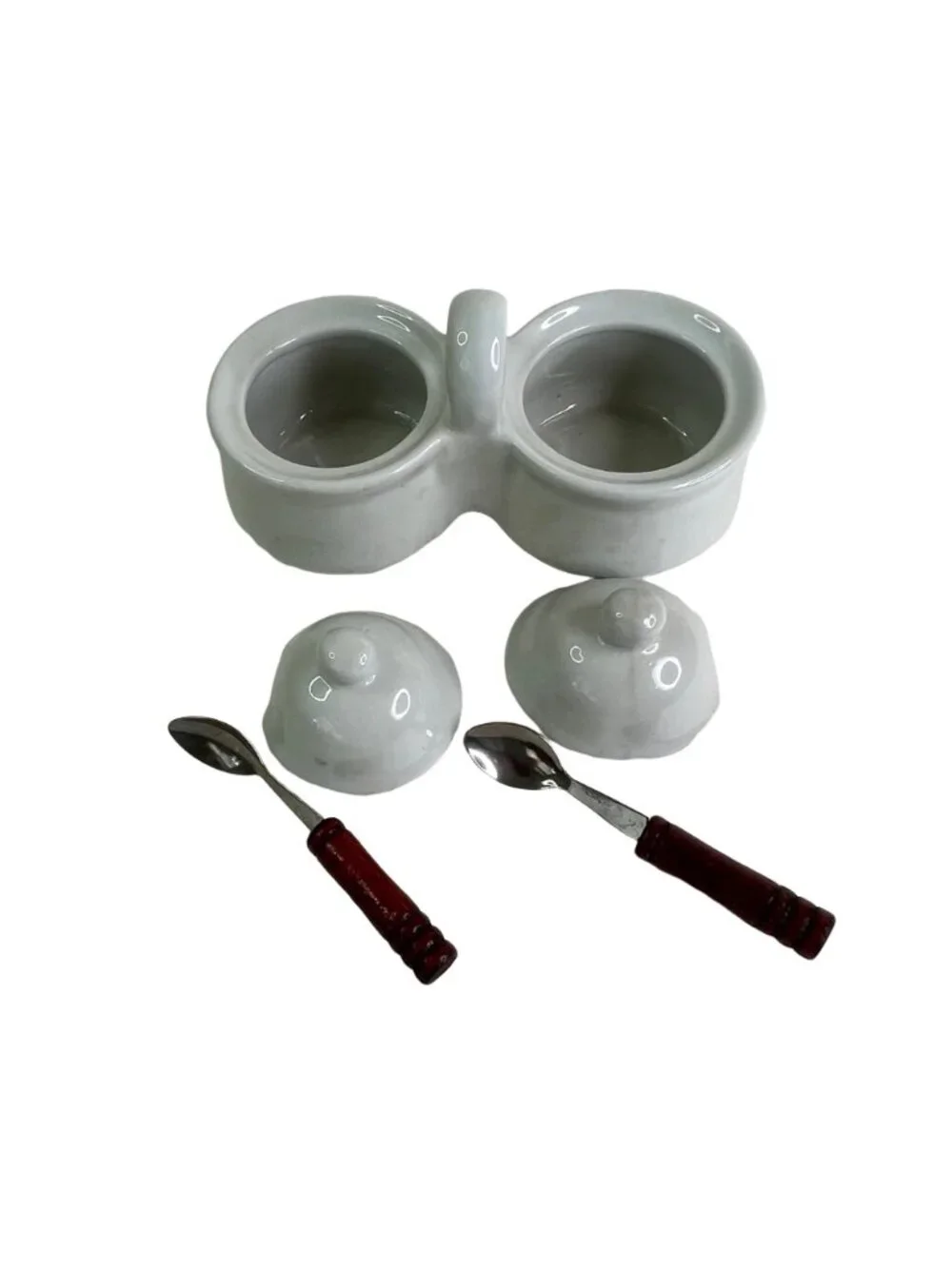 Vintage Houston Harvest White Ceramic Double Condiment Server Set Wood Spoons
